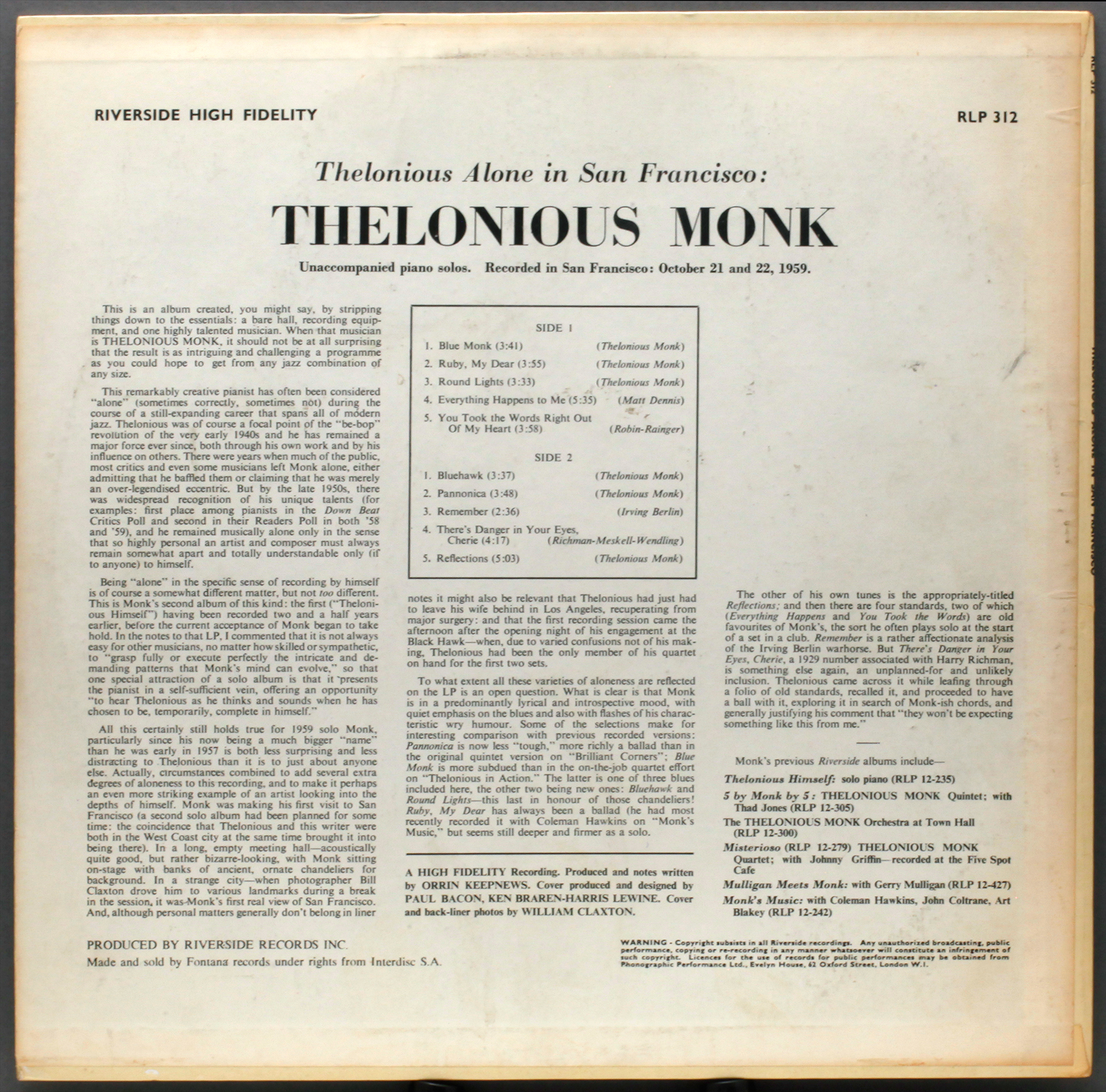 Thelonious Monk: Alone in San Francisco ( 1959) Riverside ...